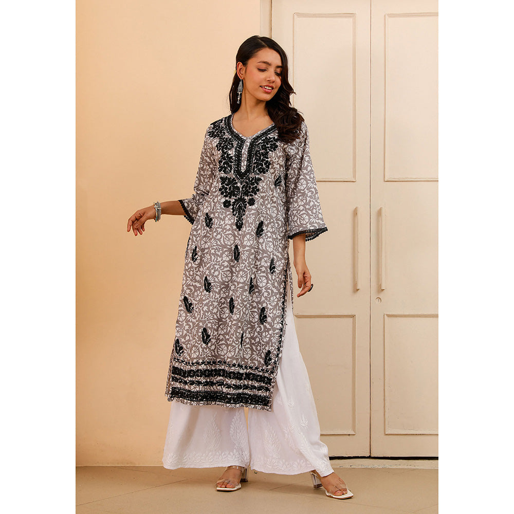 House of Chikankari Mulmul Chikankari Printed Womens Kurta-Grey