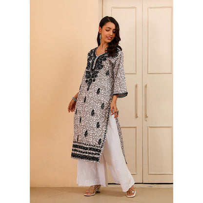House of Chikankari Mulmul Chikankari Printed Womens Kurta-Grey