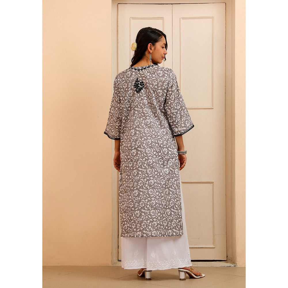 House of Chikankari Mulmul Chikankari Printed Womens Kurta-Grey