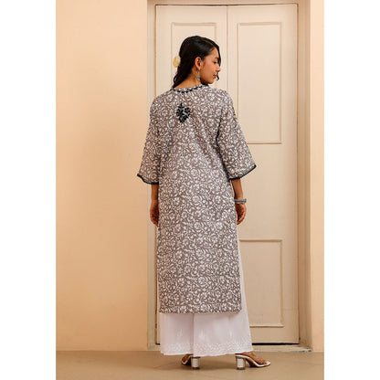 House of Chikankari Mulmul Chikankari Printed Womens Kurta-Grey