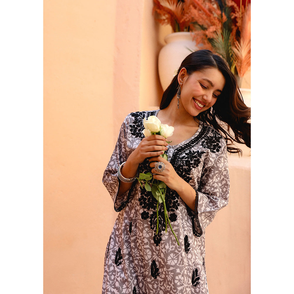 House of Chikankari Mulmul Chikankari Printed Womens Kurta-Grey