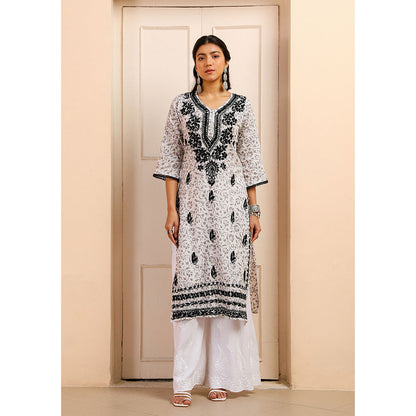 House of Chikankari Mulmul Chikankari Printed Womens Kurta-White