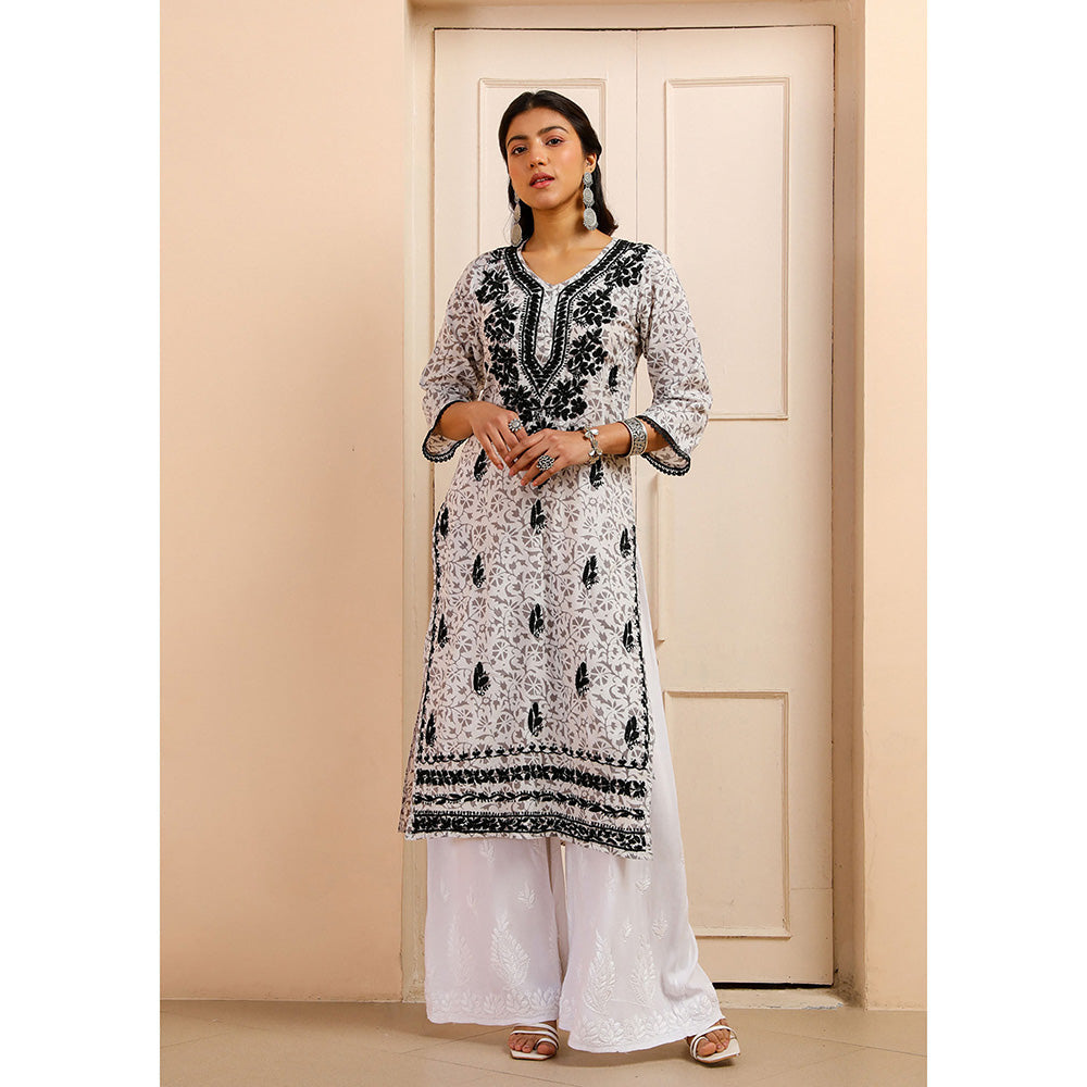 House of Chikankari Mulmul Chikankari Printed Womens Kurta-White