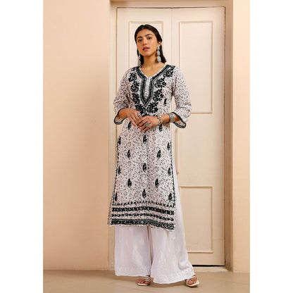 House of Chikankari Mulmul Chikankari Printed Womens Kurta-White