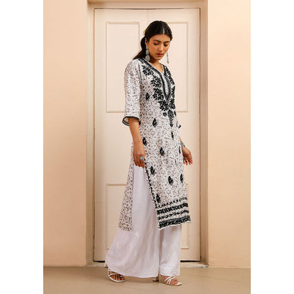 House of Chikankari Mulmul Chikankari Printed Womens Kurta-White