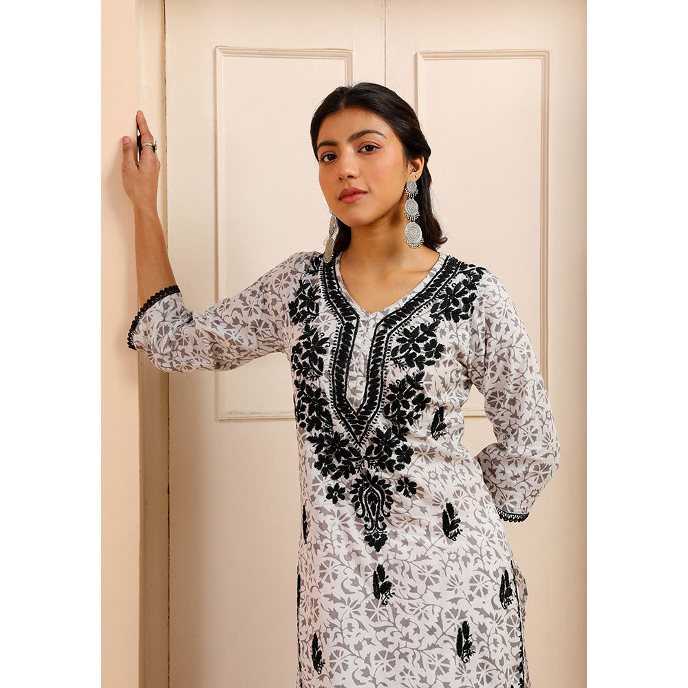 House of Chikankari Mulmul Chikankari Printed Womens Kurta-White