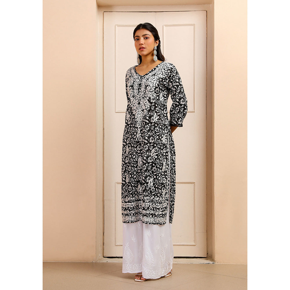 House of Chikankari Mulmul Chikankari Printed Womens Kurta-Black