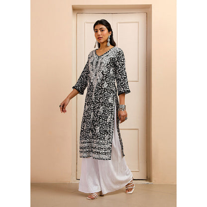 House of Chikankari Mulmul Chikankari Printed Womens Kurta-Black
