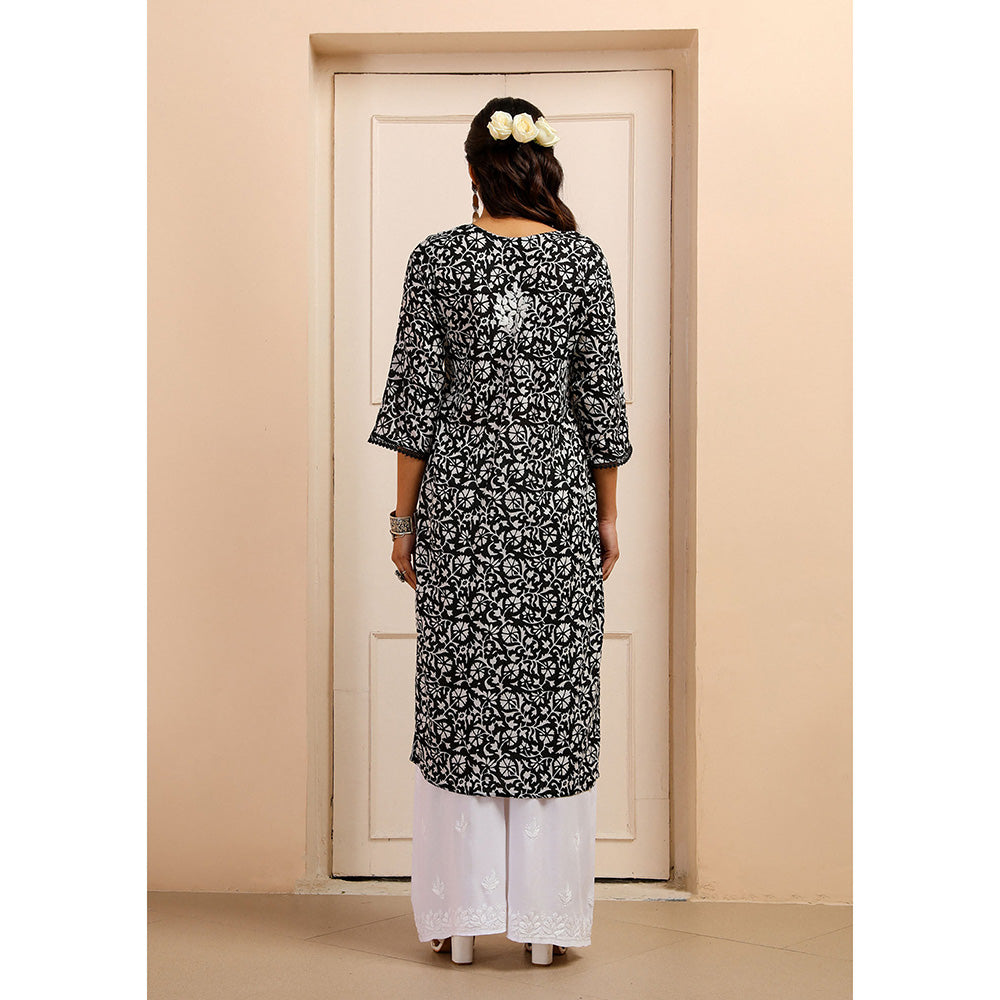 House of Chikankari Mulmul Chikankari Printed Womens Kurta-Black