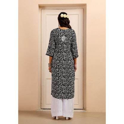 House of Chikankari Mulmul Chikankari Printed Womens Kurta-Black
