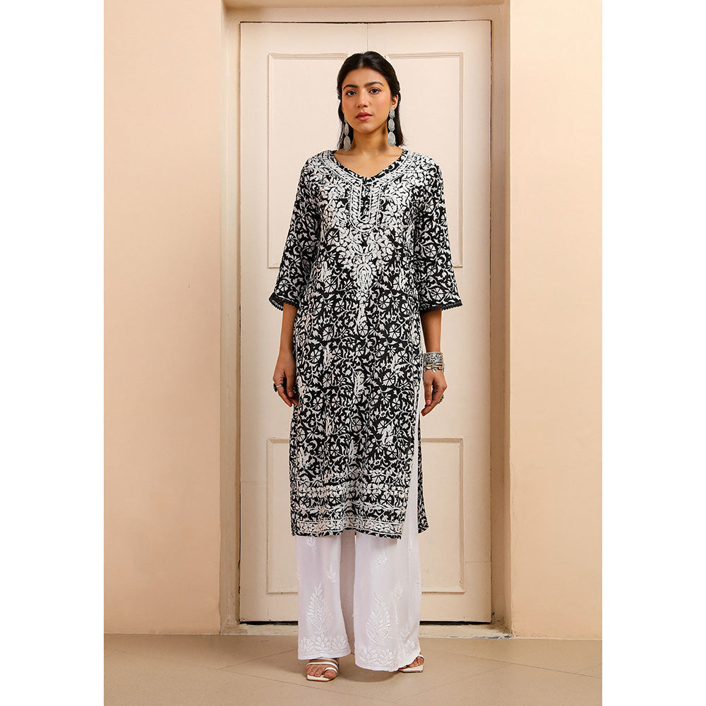 House of Chikankari Mulmul Chikankari Printed Womens Kurta-Black