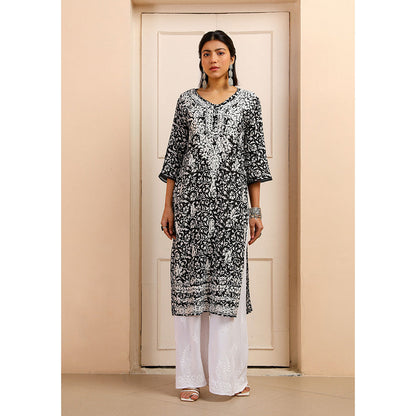 House of Chikankari Mulmul Chikankari Printed Womens Kurta-Black