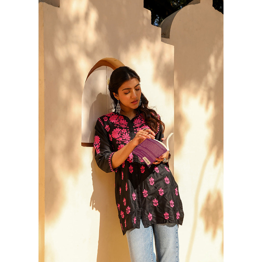 House of Chikankari Chanderi Chikankari Womens Shirt Tunic-Pink