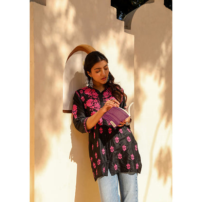 House of Chikankari Chanderi Chikankari Womens Shirt Tunic-Pink