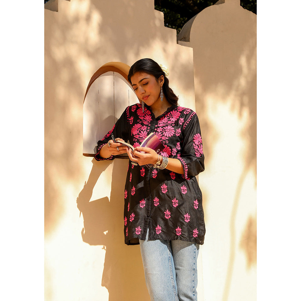 House of Chikankari Chanderi Chikankari Womens Shirt Tunic-Pink