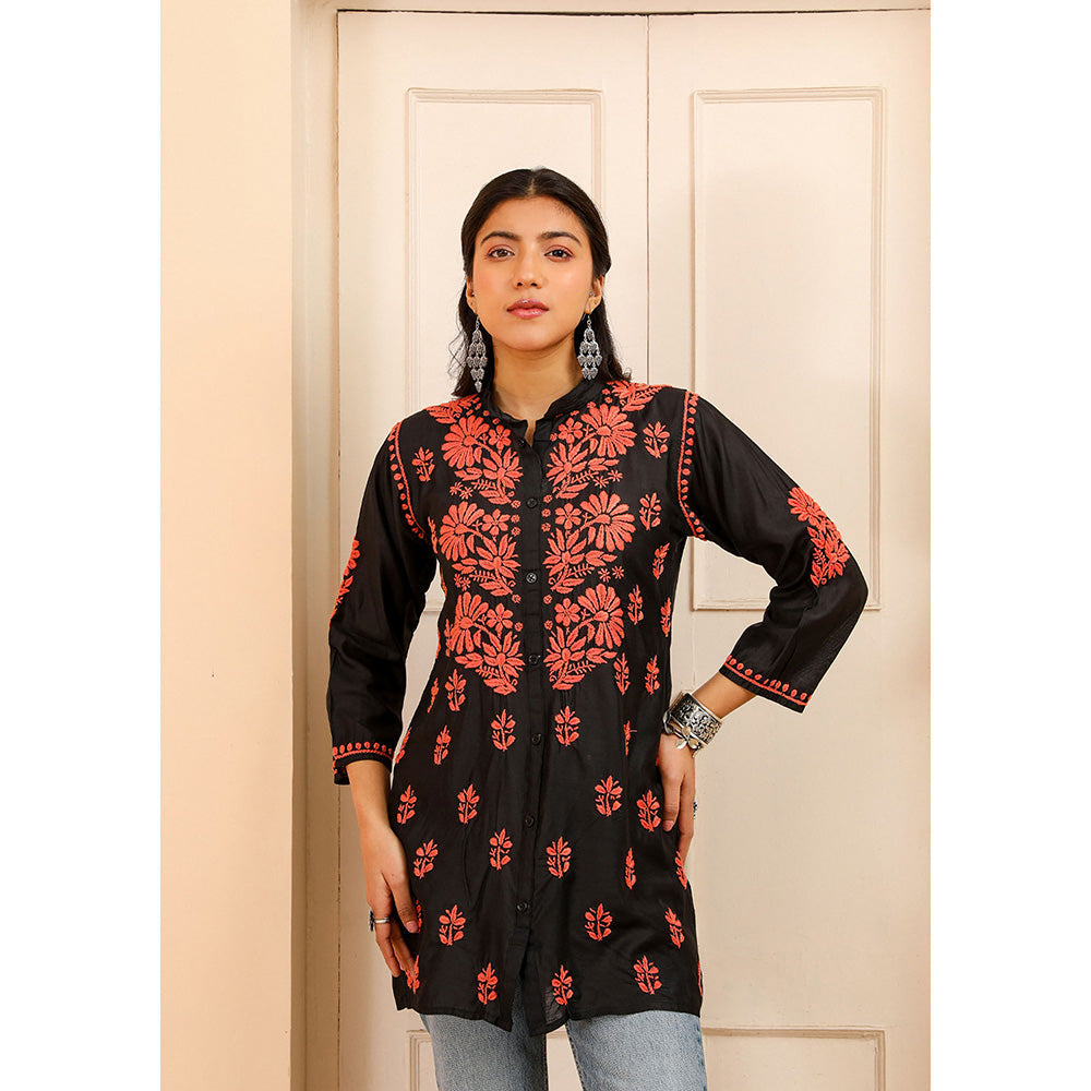 House of Chikankari Chanderi Chikankari Womens Shirt Tunic-Orange