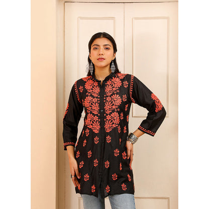 House of Chikankari Chanderi Chikankari Womens Shirt Tunic-Orange