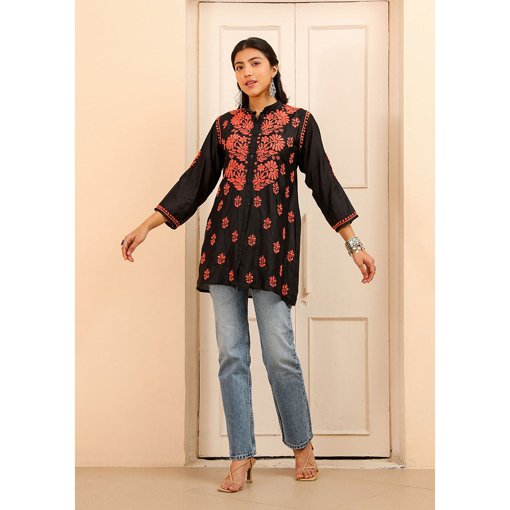 House of Chikankari Chanderi Chikankari Womens Shirt Tunic-Orange