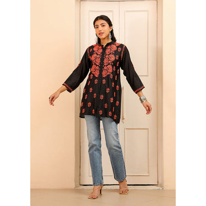 House of Chikankari Chanderi Chikankari Womens Shirt Tunic-Orange