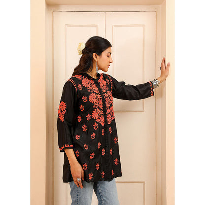 House of Chikankari Chanderi Chikankari Womens Shirt Tunic-Orange