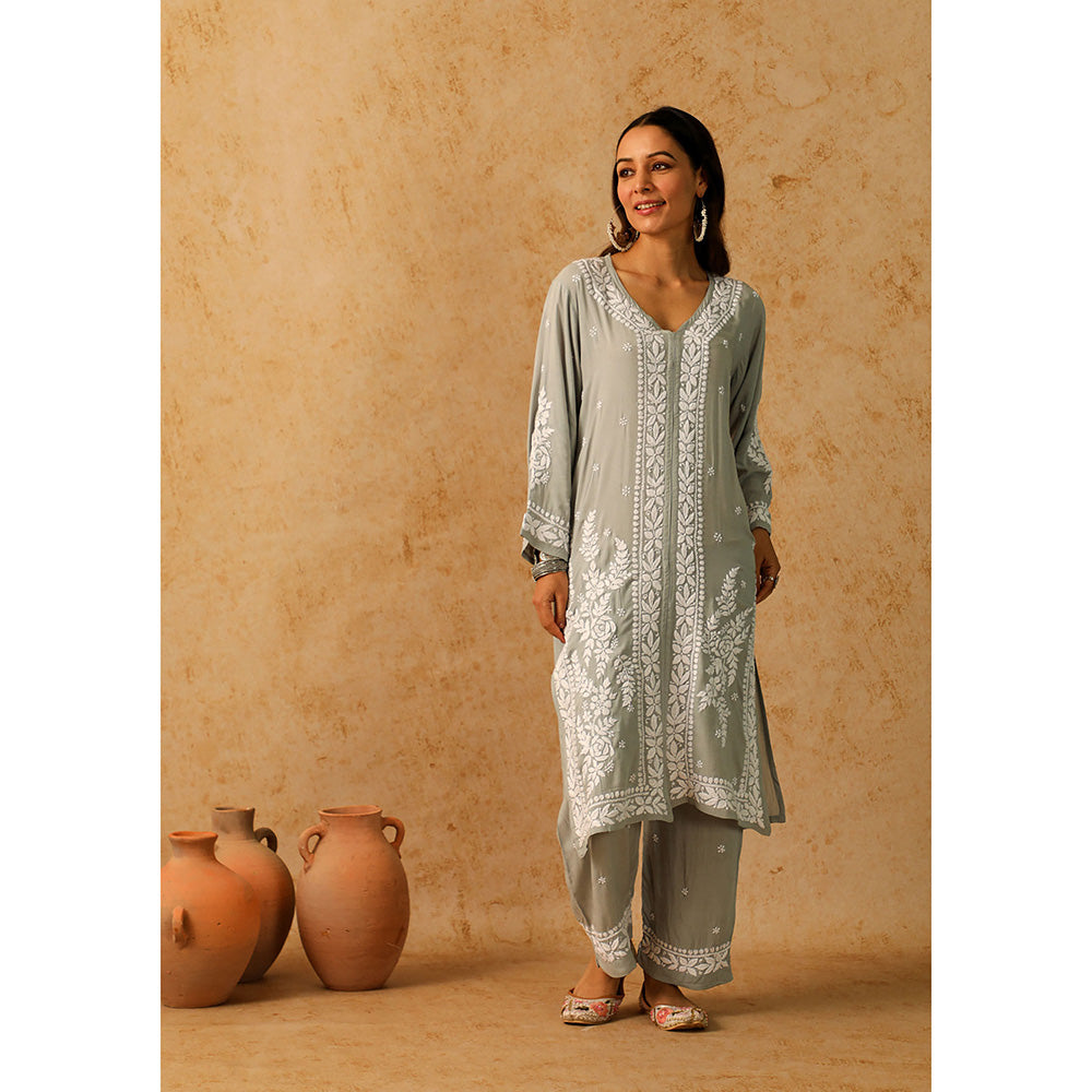 House of Chikankari Modal Chikankari Women's Long Kurta with Pant - Grey (Set of 2)