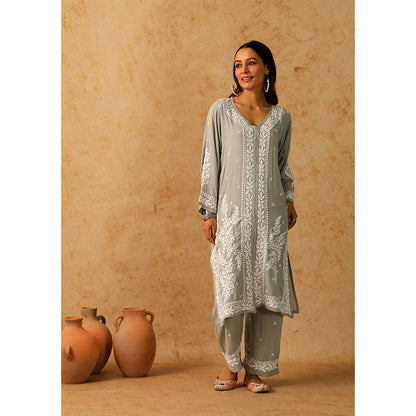 House of Chikankari Modal Chikankari Women's Long Kurta with Pant - Grey (Set of 2)