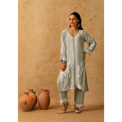 House of Chikankari Modal Chikankari Women's Long Kurta with Pant - Grey (Set of 2)