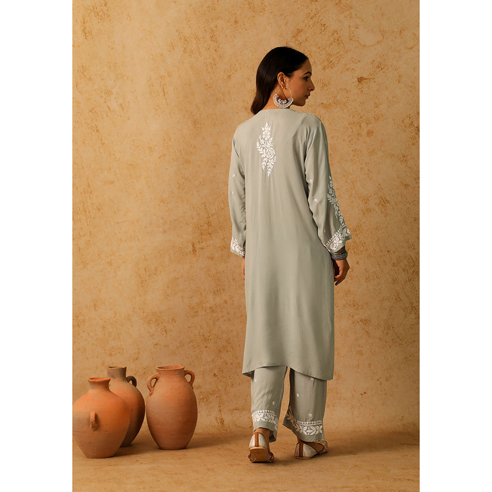 House of Chikankari Modal Chikankari Women's Long Kurta with Pant - Grey (Set of 2)