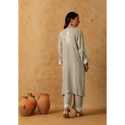 House of Chikankari Modal Chikankari Women's Long Kurta with Pant - Grey (Set of 2)