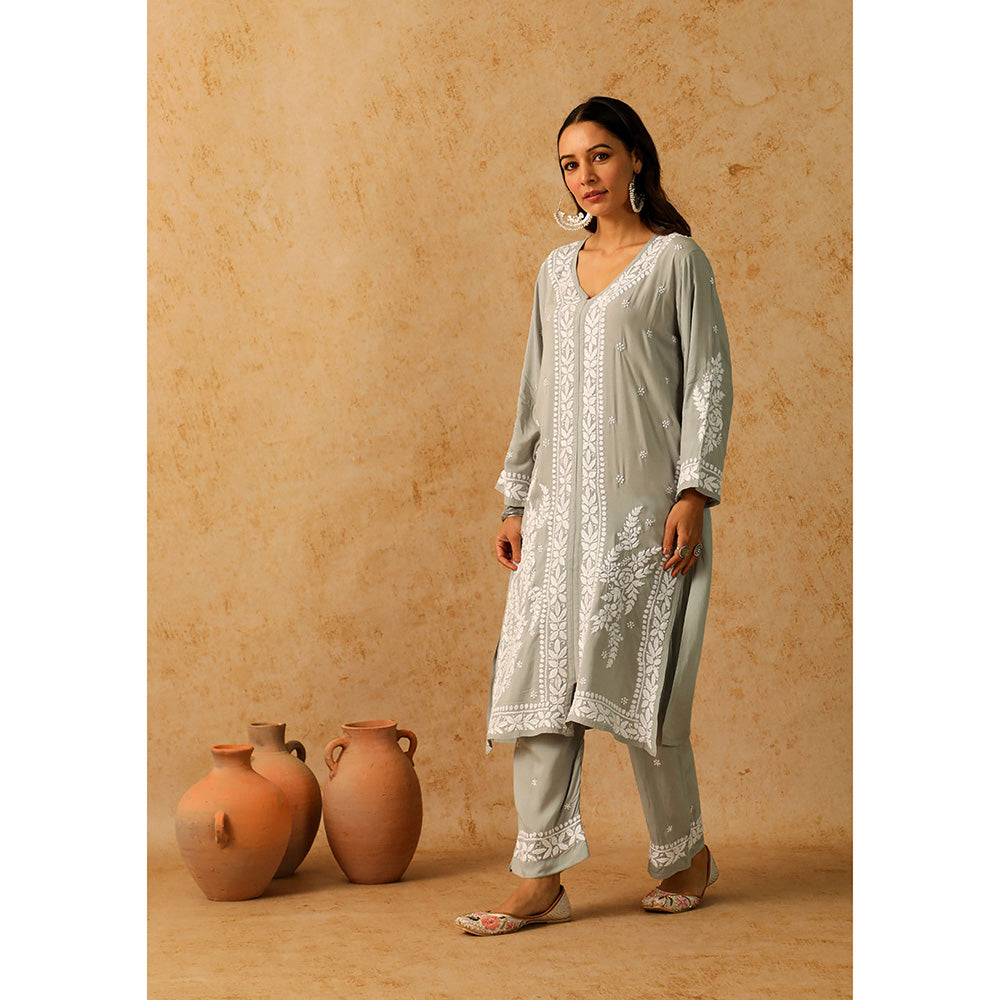House of Chikankari Modal Chikankari Women's Long Kurta with Pant - Grey (Set of 2)