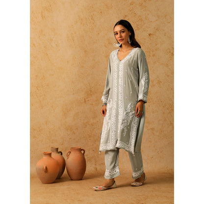 House of Chikankari Modal Chikankari Women's Long Kurta with Pant - Grey (Set of 2)