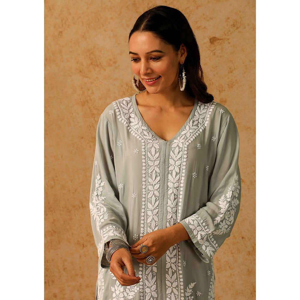 House of Chikankari Modal Chikankari Women's Long Kurta with Pant - Grey (Set of 2)