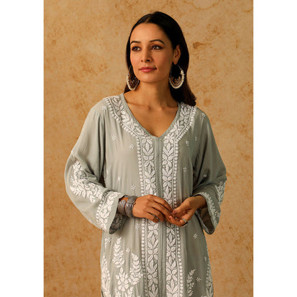 House of Chikankari Modal Chikankari Women's Long Kurta with Pant - Grey (Set of 2)