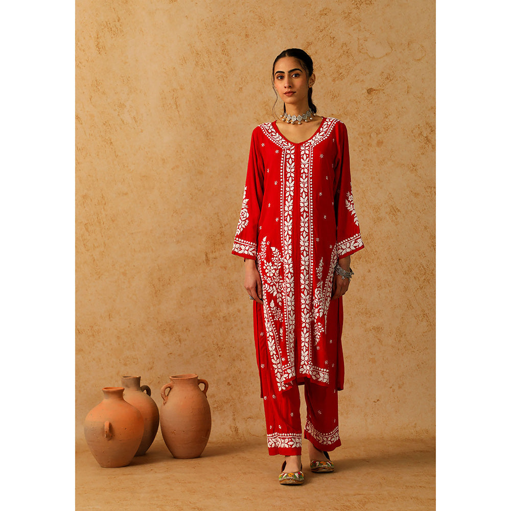 House of Chikankari Modal Chikankari Women's Long Kurta with Pant - Red (Set of 2)