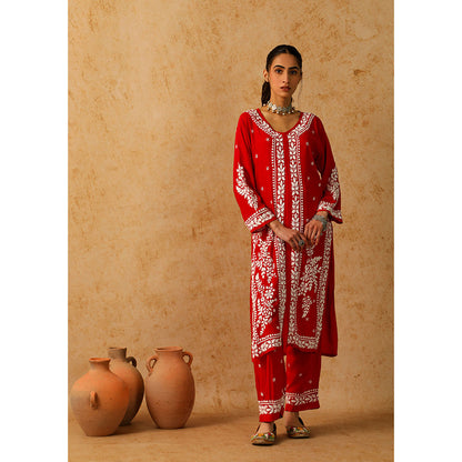 House of Chikankari Modal Chikankari Women's Long Kurta with Pant - Red (Set of 2)