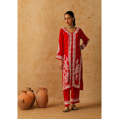 House of Chikankari Modal Chikankari Women's Long Kurta with Pant - Red (Set of 2)