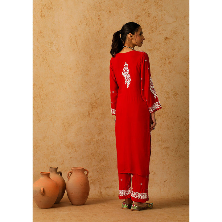 House of Chikankari Modal Chikankari Women's Long Kurta with Pant - Red (Set of 2)