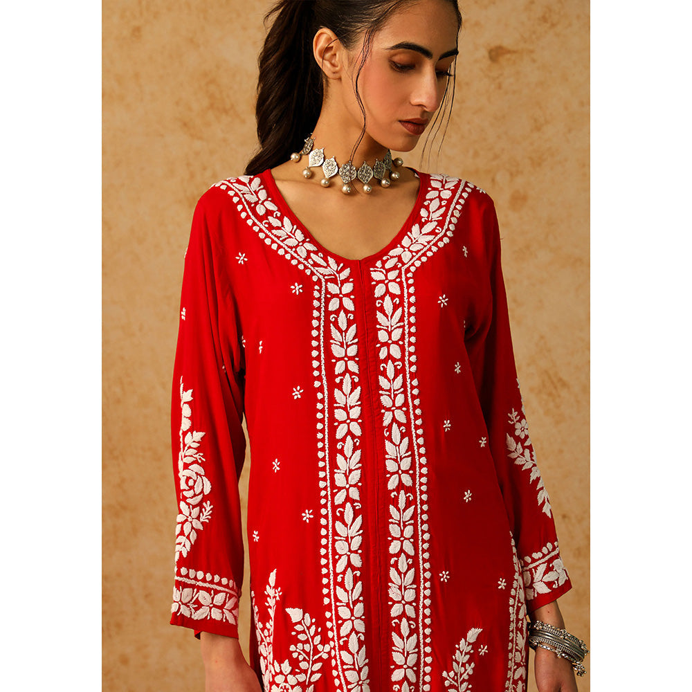 House of Chikankari Modal Chikankari Women's Long Kurta with Pant - Red (Set of 2)