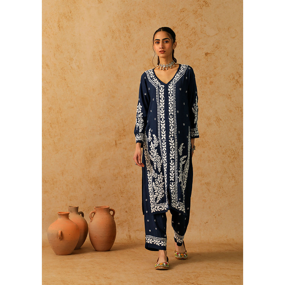 House of Chikankari Modal Chikankari Women's Long Kurta with Pant - Navy Blue (Set of 2)