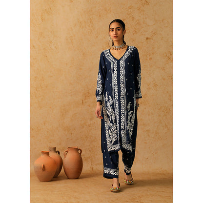 House of Chikankari Modal Chikankari Women's Long Kurta with Pant - Navy Blue (Set of 2)