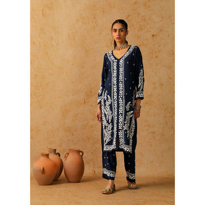 House of Chikankari Modal Chikankari Women's Long Kurta with Pant - Navy Blue (Set of 2)