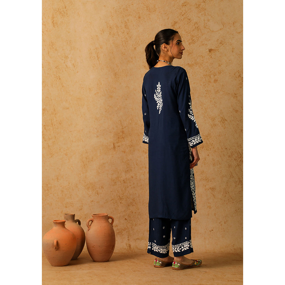 House of Chikankari Modal Chikankari Women's Long Kurta with Pant - Navy Blue (Set of 2)
