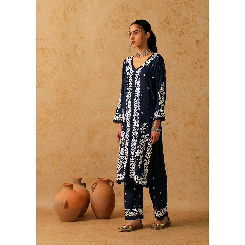 House of Chikankari Modal Chikankari Women's Long Kurta with Pant - Navy Blue (Set of 2)