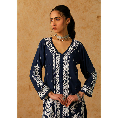 House of Chikankari Modal Chikankari Women's Long Kurta with Pant - Navy Blue (Set of 2)