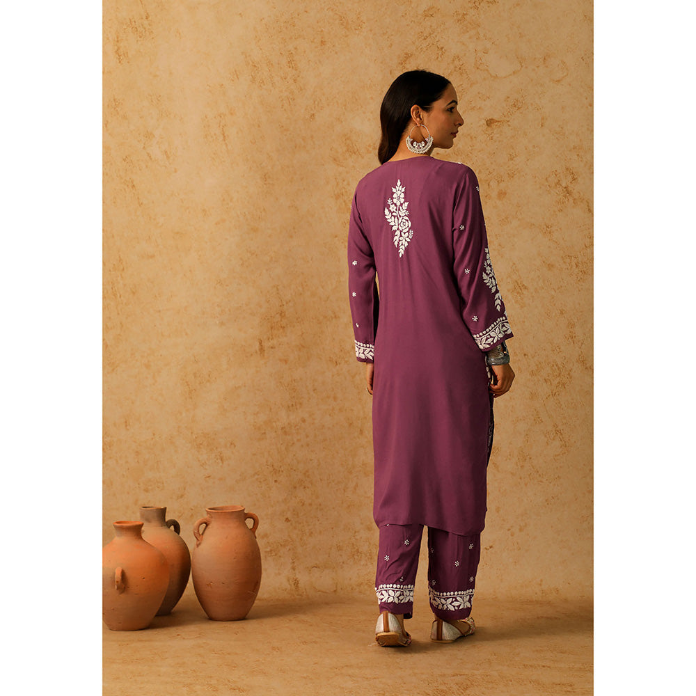 House of Chikankari Modal Chikankari Women's Long Kurta with Pant - Purple (Set of 2)