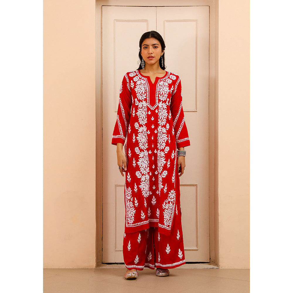 House of Chikankari Modal Chikankari Women's Kurta with Palazzo - Red (Set of 2)