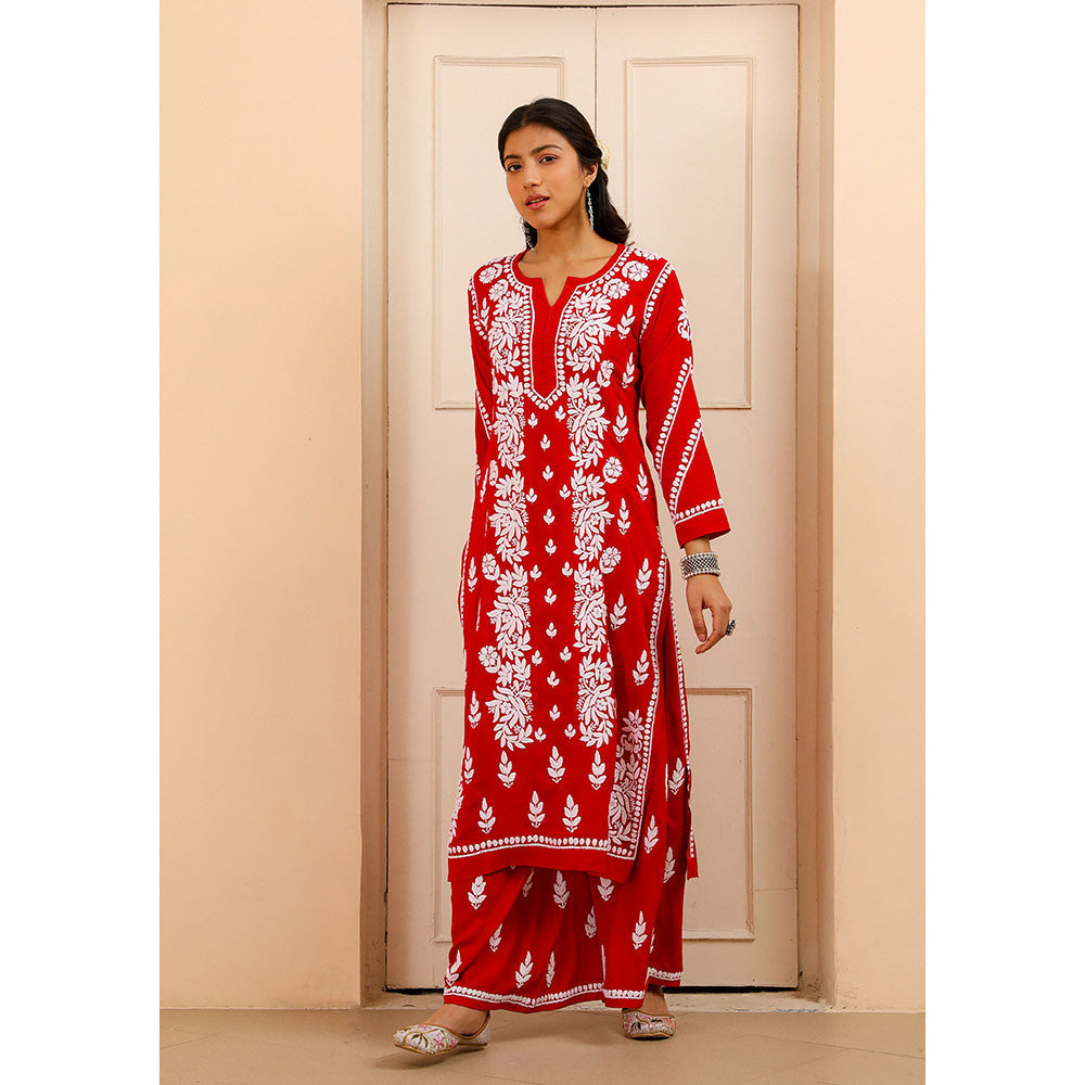 House of Chikankari Modal Chikankari Women's Kurta with Palazzo - Red (Set of 2)
