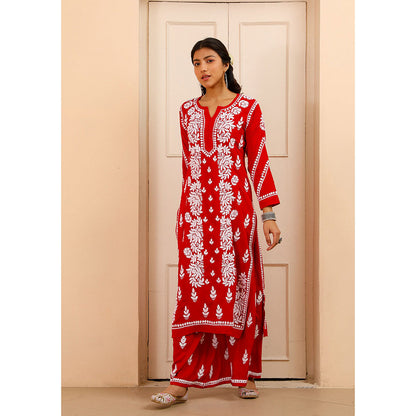 House of Chikankari Modal Chikankari Women's Kurta with Palazzo - Red (Set of 2)