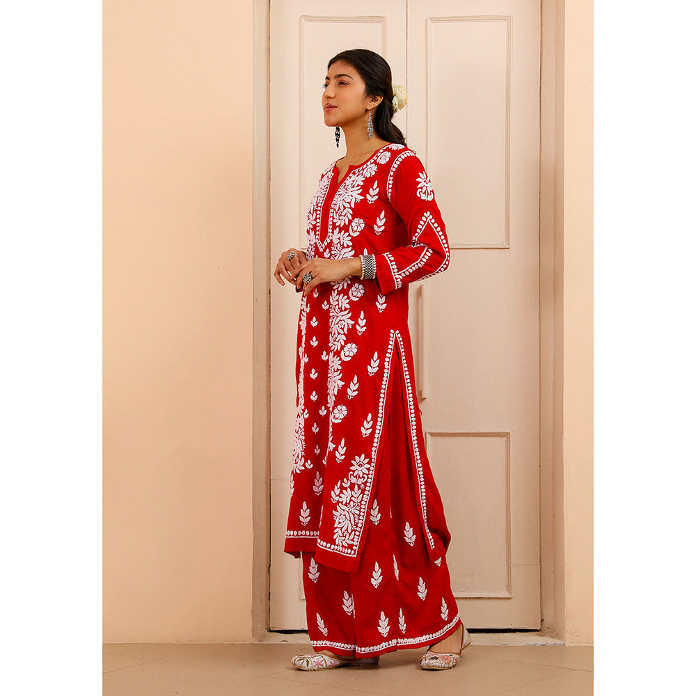 House of Chikankari Modal Chikankari Women's Kurta with Palazzo - Red (Set of 2)
