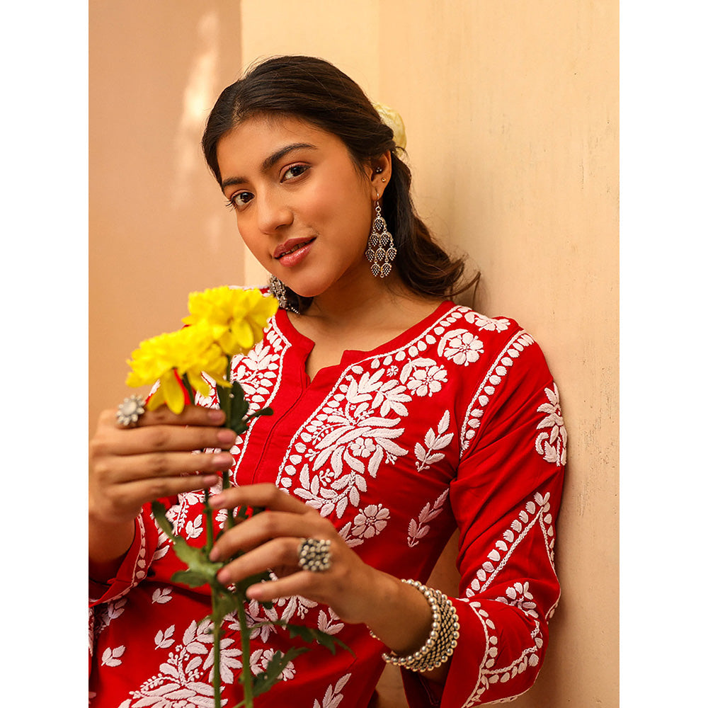 House of Chikankari Modal Chikankari Women's Kurta with Palazzo - Red (Set of 2)